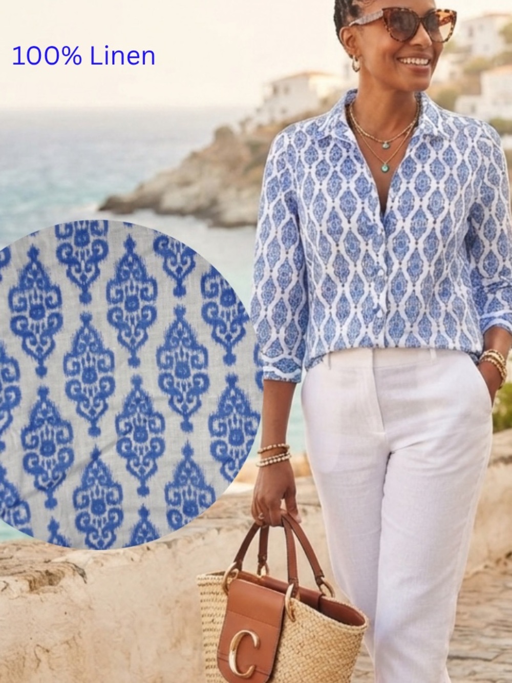 Chico’s Ikat Print No-Iron 100% Linen Tunic Shirt Size 3 (XL 16/18) Resort Wear